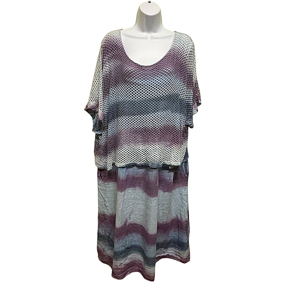 Made in Italy Linen Blend Blue Purple Watercolor Bold Stripe Midi Dress Size M